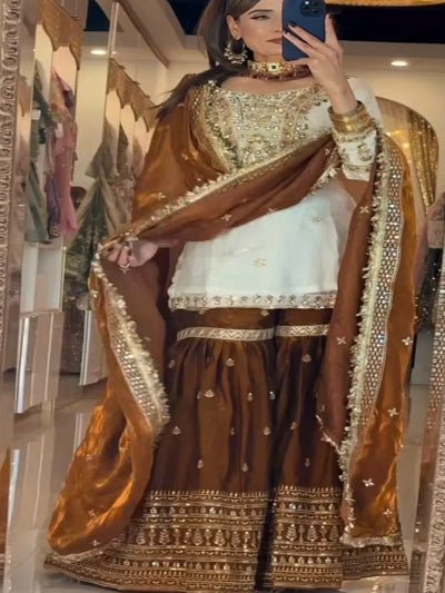 Cream & Bronze Gold Rich Embroidery Work Gharara Suit - BONYHUBSALWAR KAMEEZ