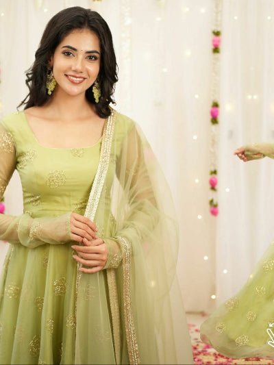 Pista Green Organza Handwork Anarkali Suit - BONYHUBSALWAR KAMEEZ
