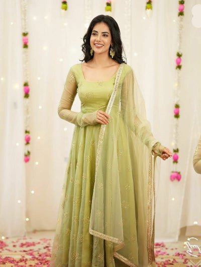 Pista Green Organza Handwork Anarkali Suit - BONYHUBSALWAR KAMEEZ