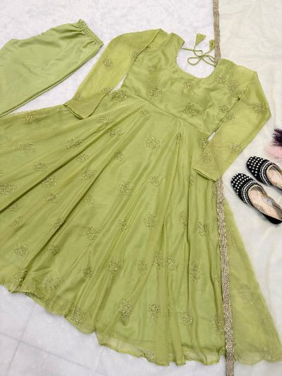 Pista Green Organza Handwork Anarkali Suit - BONYHUBSALWAR KAMEEZ