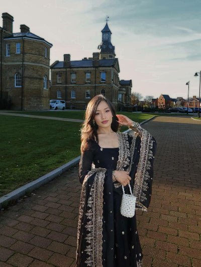 Classic Black Georgette Flair Embroidery Anarkali Set - BONYHUBSALWAR KAMEEZ