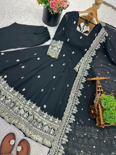 Classic Black Georgette Flair Embroidery Anarkali Set - BONYHUBSALWAR KAMEEZ