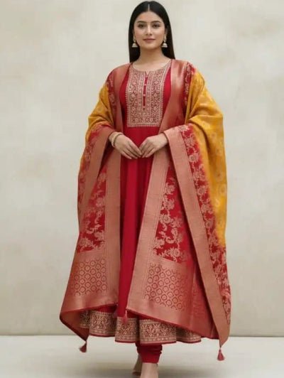 Red Chanderi Zari Work Anarkali Suit WIth Banarasi Silk Dupatta - BONYHUBSALWAR KAMEEZ