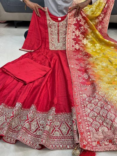 Red Chanderi Zari Work Anarkali Suit WIth Banarasi Silk Dupatta - BONYHUBSALWAR KAMEEZ