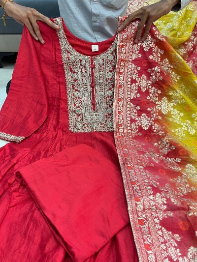 Red Chanderi Zari Work Anarkali Suit WIth Banarasi Silk Dupatta - BONYHUBSALWAR KAMEEZ