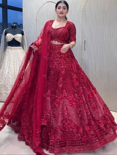 Red Partywear Sequins Lehenga Choli Set - BONYHUBSALWAR KAMEEZ