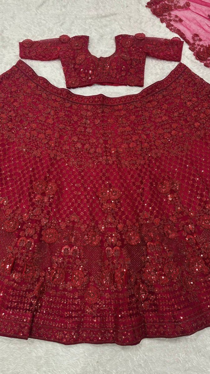 Red Partywear Sequins Lehenga Choli Set - BONYHUBSALWAR KAMEEZ