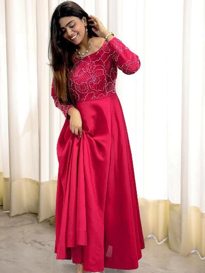 Magenta Roman Silk Sequins Work Anarkali Pant Set Of 2 - BONYHUBSALWAR KAMEEZ