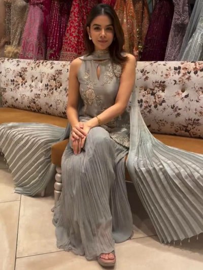 Silver Embroidered Sharara Palazzo Suit Set - BONYHUBSALWAR KAMEEZ