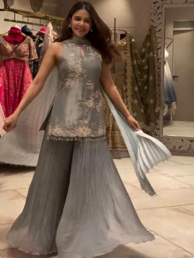 Silver Embroidered Sharara Palazzo Suit Set - BONYHUBSALWAR KAMEEZ