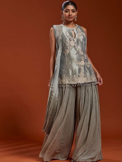 Silver Embroidered Sharara Palazzo Suit Set - BONYHUBSALWAR KAMEEZ
