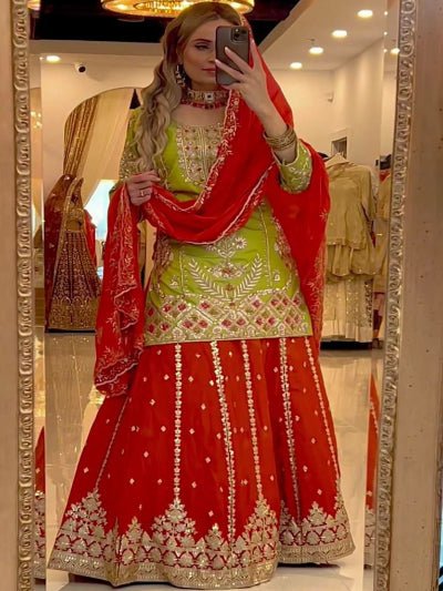 Orange & Lime Green Festive Sharara Palazzo Suit Set - BONYHUBSALWAR KAMEEZ