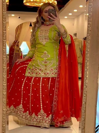 Orange & Lime Green Festive Sharara Palazzo Suit Set - BONYHUBSALWAR KAMEEZ