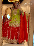Orange & Lime Green Festive Sharara Palazzo Suit Set - BONYHUBSALWAR KAMEEZ
