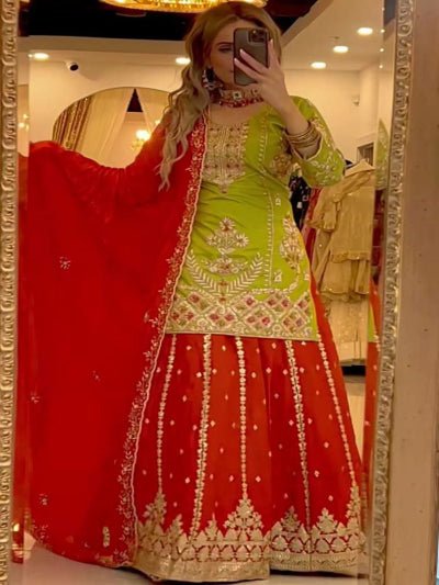 Orange & Lime Green Festive Sharara Palazzo Suit Set - BONYHUBSALWAR KAMEEZ