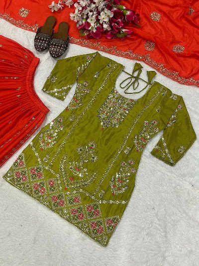 Orange & Lime Green Festive Sharara Palazzo Suit Set - BONYHUBSALWAR KAMEEZ