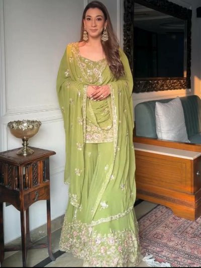 Pista Green with Silver & Pink Embroidery Gharara Suit - BONYHUBSALWAR KAMEEZ