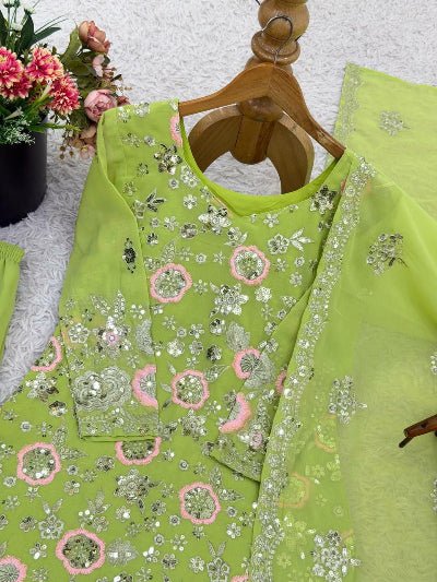 Pista Green with Silver & Pink Embroidery Gharara Suit - BONYHUBSALWAR KAMEEZ