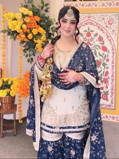 Navy Blue & White Gold Embroidery Gharara Suit - BONYHUBSALWAR KAMEEZ