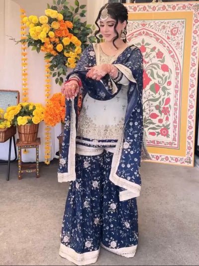 Navy Blue & White Gold Embroidery Gharara Suit - BONYHUBSALWAR KAMEEZ