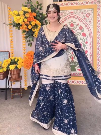Navy Blue & White Gold Embroidery Gharara Suit - BONYHUBSALWAR KAMEEZ