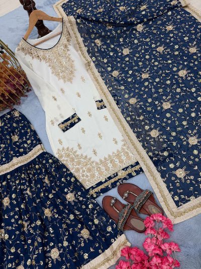 Navy Blue & White Gold Embroidery Gharara Suit - BONYHUBSALWAR KAMEEZ