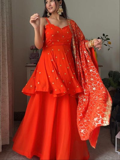 Orange Gold Intricate Embroidery Work Sharara Suit Set - BONYHUBSALWAR KAMEEZ