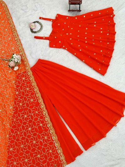 Orange Gold Intricate Embroidery Work Sharara Suit Set - BONYHUBSALWAR KAMEEZ