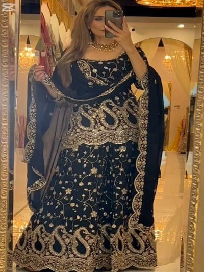 Black Chinon Silk Exquisite Sharara Suit Set - BONYHUBSALWAR KAMEEZ