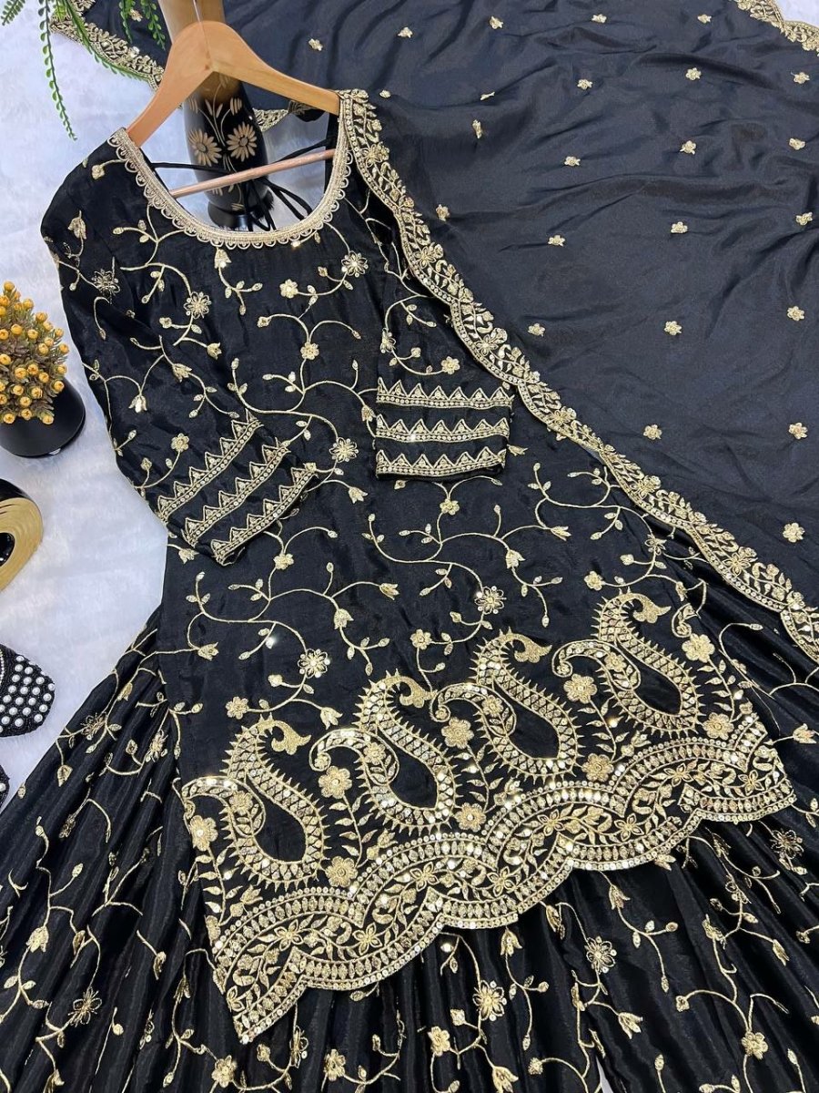 Black Chinon Silk Exquisite Sharara Suit Set - BONYHUBSALWAR KAMEEZ