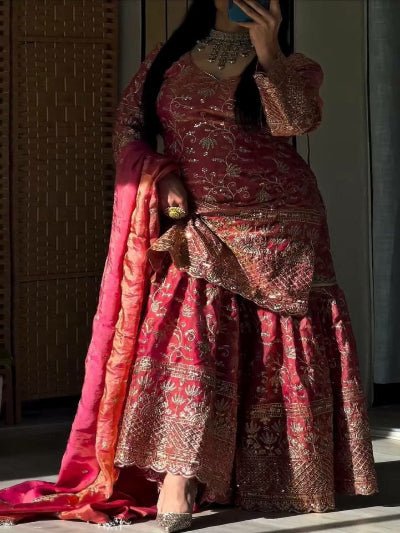 Soft Orange Peach Sequins Work Sharara Suit Set - BONYHUBSALWAR KAMEEZ