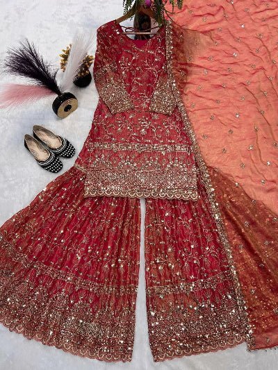 Soft Orange Peach Sequins Work Sharara Suit Set - BONYHUBSALWAR KAMEEZ
