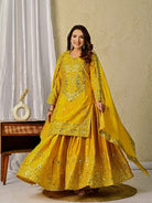 Yellow Chinon Silk Sequin Sharara Palazzo Suit Set - BONYHUBSALWAR KAMEEZ