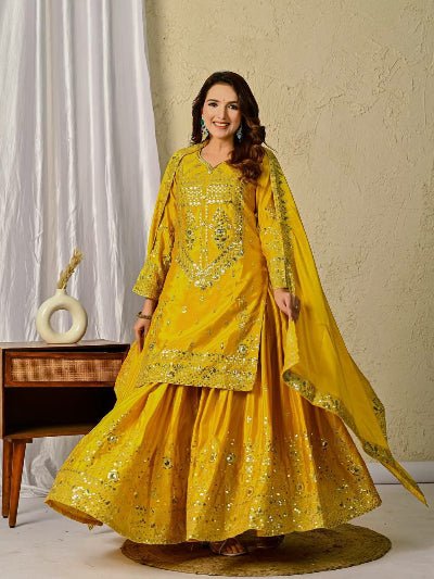 Yellow Chinon Silk Sequin Sharara Palazzo Suit Set - BONYHUBSALWAR KAMEEZ