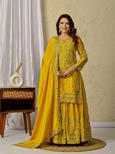 Yellow Chinon Silk Sequin Sharara Palazzo Suit Set - BONYHUBSALWAR KAMEEZ