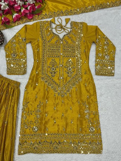 Yellow Chinon Silk Sequin Sharara Palazzo Suit Set - BONYHUBSALWAR KAMEEZ