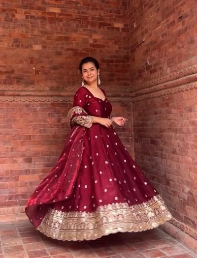 Deep Maroon Gold Embroidery Anarkali Suit Set - BONYHUBSALWAR KAMEEZ