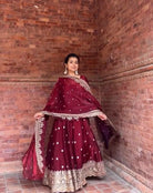 Deep Maroon Gold Embroidery Anarkali Suit Set - BONYHUBSALWAR KAMEEZ