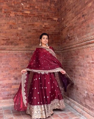 Deep Maroon Gold Embroidery Anarkali Suit Set - BONYHUBSALWAR KAMEEZ
