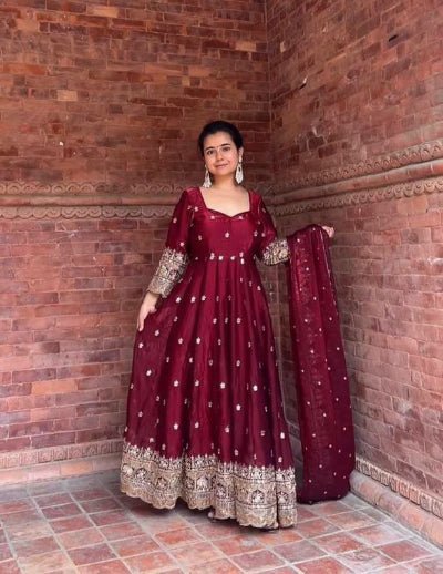 Deep Maroon Gold Embroidery Anarkali Suit Set - BONYHUBSALWAR KAMEEZ