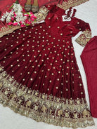 Deep Maroon Gold Embroidery Anarkali Suit Set - BONYHUBSALWAR KAMEEZ