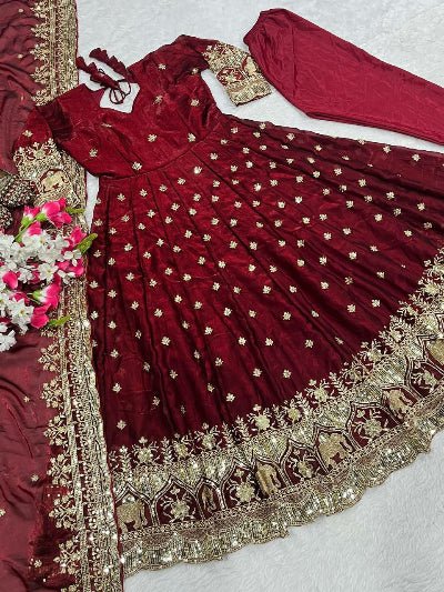Deep Maroon Gold Embroidery Anarkali Suit Set - BONYHUBSALWAR KAMEEZ