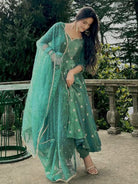 Teal Green Shimmer Silk Anarkali Suit Set - BONYHUBSALWAR KAMEEZ
