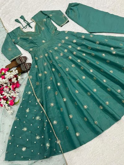Teal Green Shimmer Silk Anarkali Suit Set - BONYHUBSALWAR KAMEEZ