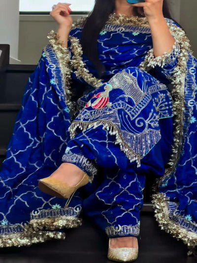 Royal Blue Sequins Embroidered Work Punjabi Suit Set - BONYHUBSALWAR KAMEEZ