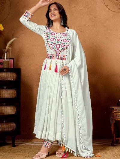 White Multicoloured Embroidery Anarkali Suit Set - BONYHUBSALWAR KAMEEZ