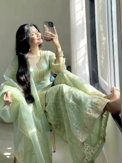 Pastel Green Organza Silk Sequence Work Sharara Suit - BONYHUBSALWAR KAMEEZ