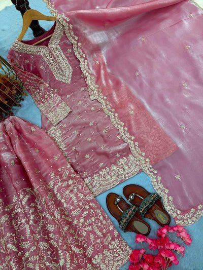 Cranberry Pink Organza Silk Sequence Work Sharara Suit - BONYHUBSALWAR KAMEEZ