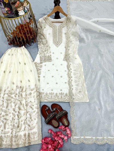 Royal White Organza Silk Sequence Work Sharara Suit - BONYHUBSALWAR KAMEEZ