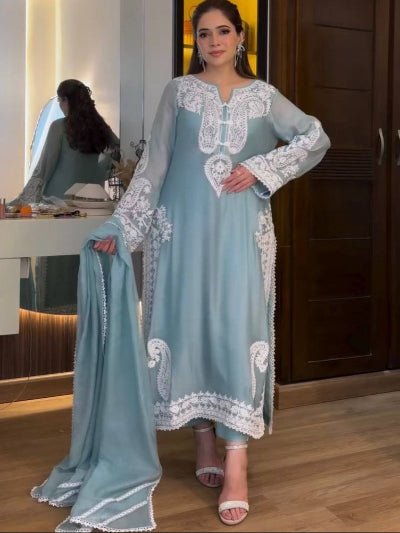 Powder Blue Organza Silk Embroidered Straight Suit - BONYHUBSALWAR KAMEEZ